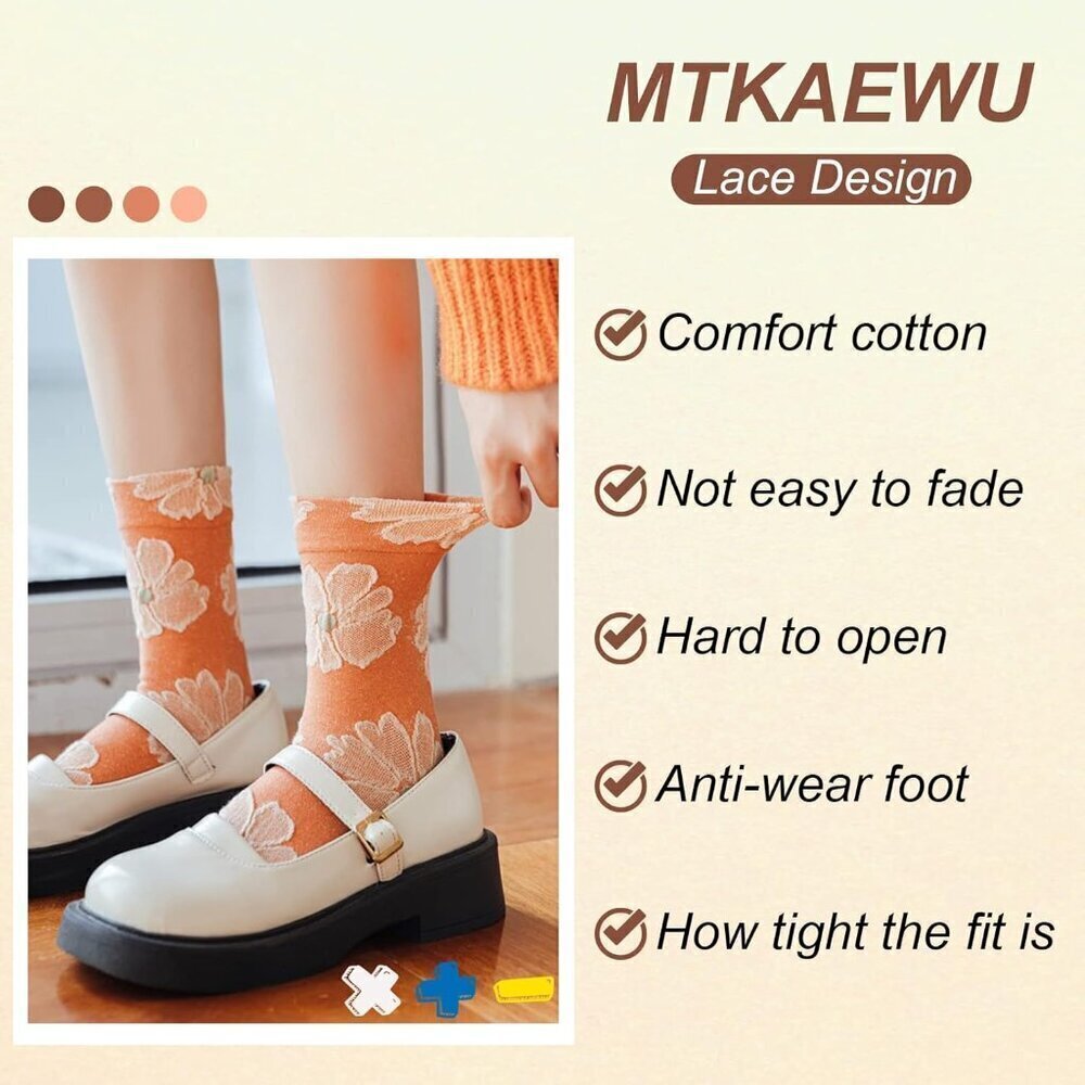 ❤️ Womens Cute Floral Socks Vintage Embroidered Frilly Floral Socks Kawaii Girly - Picture 5 of 7